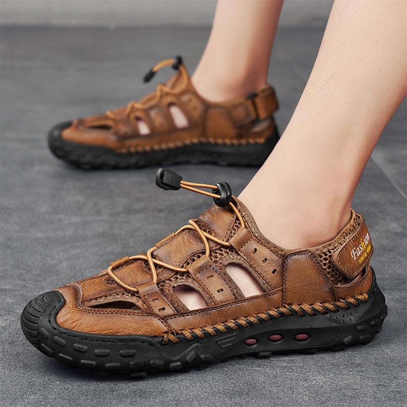 Fashion Mens Leather Sandals Closed Toe Fishermen Sandal Comfortable Hiking Walking Summer Beach Shoes for Men Large Size 46 Brown