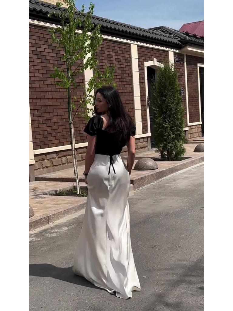 Frühling 2024 Schwarz & Weiß Satin Slim Fit Puffärmelkleid