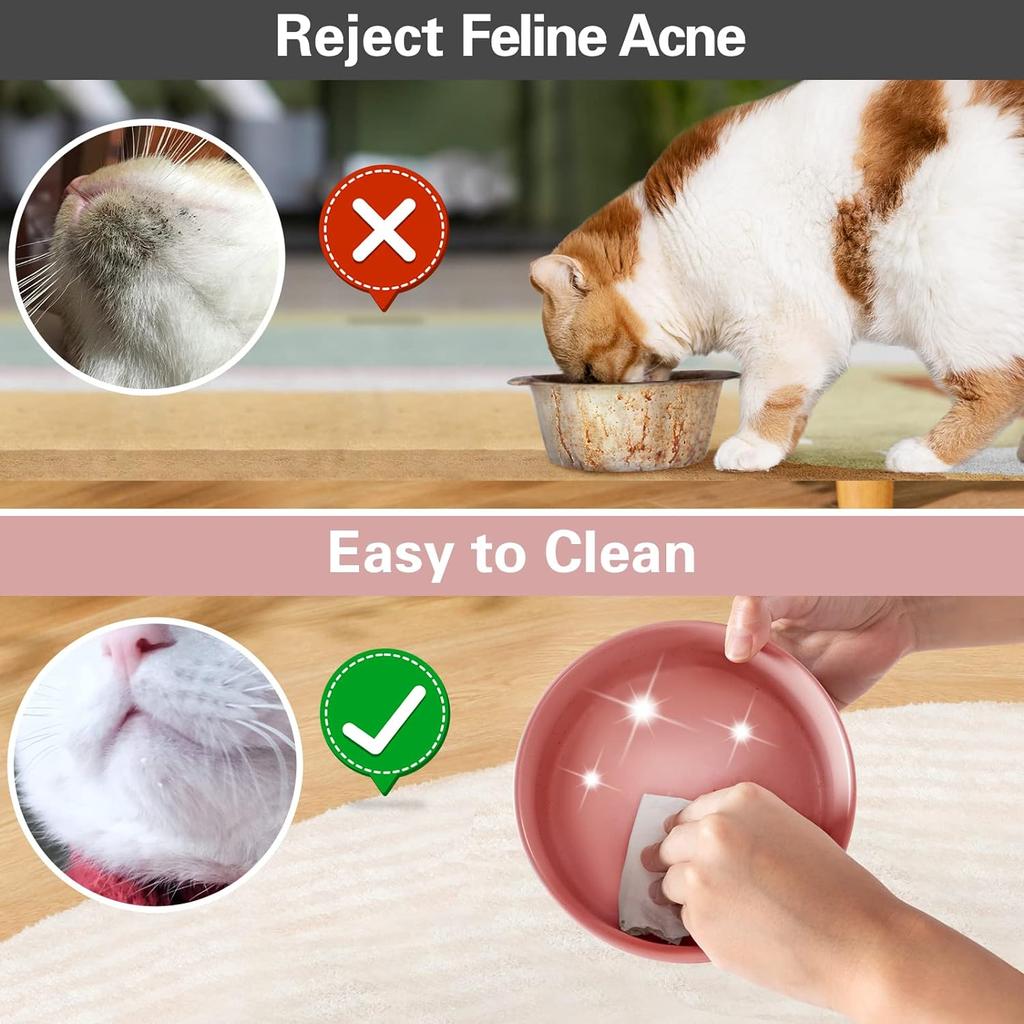 Keramik-Katzennäpfe, Futter- und Wassernäpfe für Welpen, Napfset mit Holzständer, auslaufsicherer Keramik-Doppelnapf für kleine Hunde und Katzen