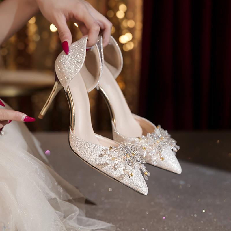Fashion 2025 Summer Elegant Pointed toe Sequined Women Pumps Fashion Pearls Rhinestones Wedding Bridal Thin High heels Party Prom Shoes
