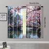 2 szt. Zasłony Jezioro Sakura Most - Poliester   Spokojny Malowniczy   Kwitnące Drzewa   Idealne do Sypialni - Estetyka Jeziorna