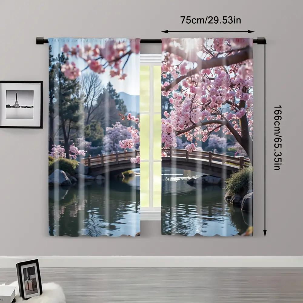 2 szt. Zasłony Jezioro Sakura Most - Poliester   Spokojny Malowniczy   Kwitnące Drzewa   Idealne do Sypialni - Estetyka Jeziorna