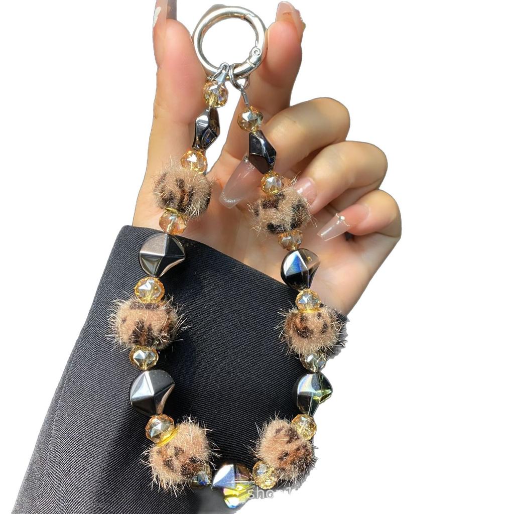 Herbst Winter Bommel Handykette Acryl Unregelmäßiger Stein Kurz Leopardenmuster Hängekette Kristallperlen Handyband Großhandel