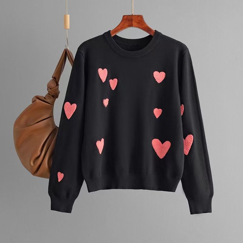 

Fashion Heart Flocking Embroidered Crew Neck Long Sleeves Knitting Sweater Knitted Heart-Shaped Sweater Black One size