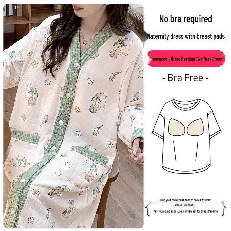 Umstandspajamakleid aus Luftbaumwolle für Herbst/Winter - Übergröße für pränatale, Krankenhaus- und postpartale/Stillzeit-Nutzung