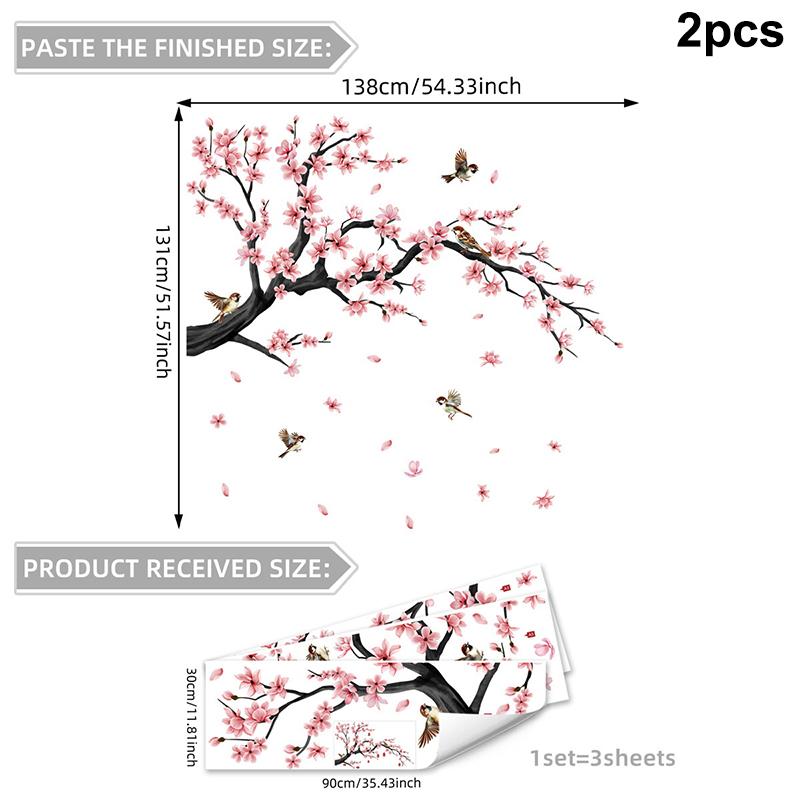 Kreativer Bunter Tuschemalerei Blumiger Pfirsichbaum Zweig Vogel Wandaufkleber Hintergrundwand Heimdekoration Selbstklebender Wandaufkleber