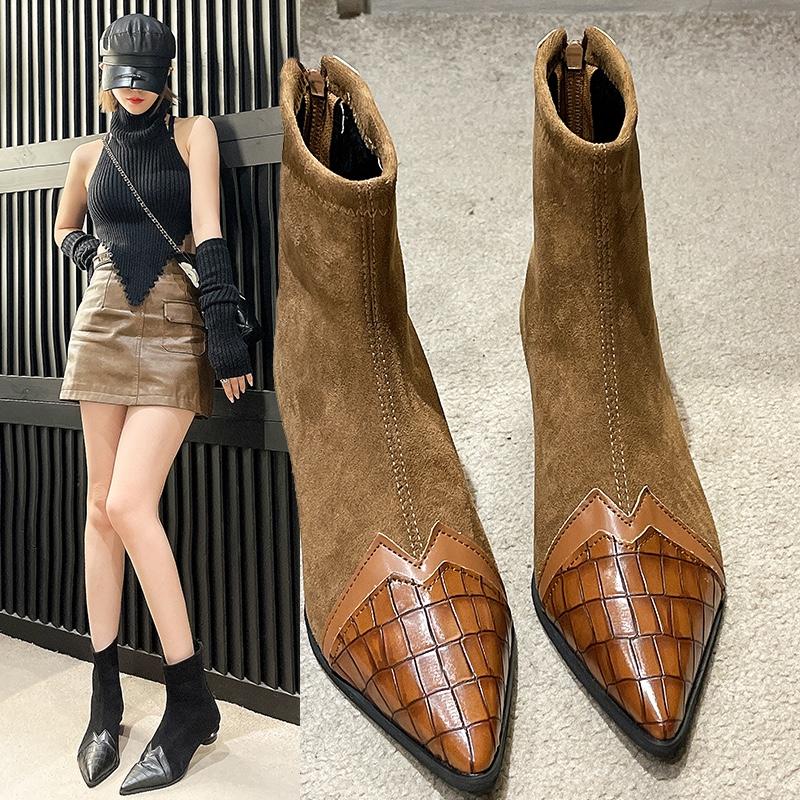 2024 Wiosna Jesień Damskie Botki Moda Szpiczasty Nosek Krótkie Botas Damskie Eleganckie Buty Na Niskim Obcasie Zimowe Damskie Czółenka