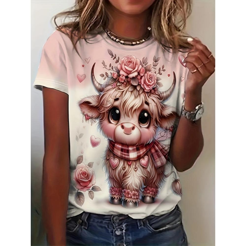 Pastel Pink Floral Cow Women s Tee - Cute Fluffy Calf & Rose Heart Graphic, Sweet Romantic Print Design for Casual Daily Wear S