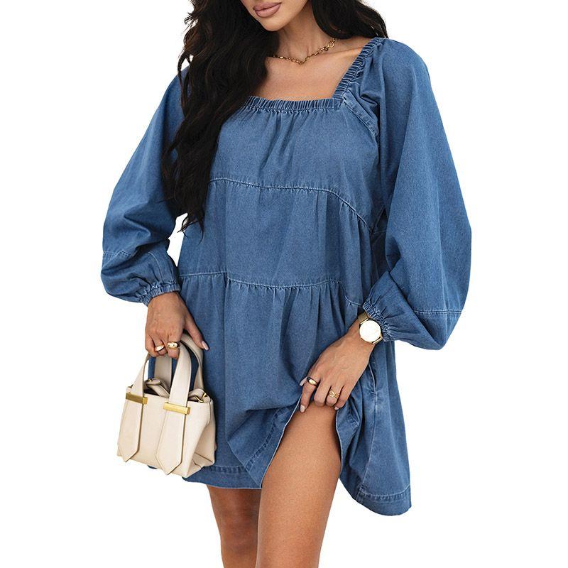 

European and American Leisure Loose Square Collar Denim Dress Women s 2025 Fall New Arrival Pure Color High Waist Knee-Length Skirt Women Light blue M code fits (55.00 kg-62.50 kg