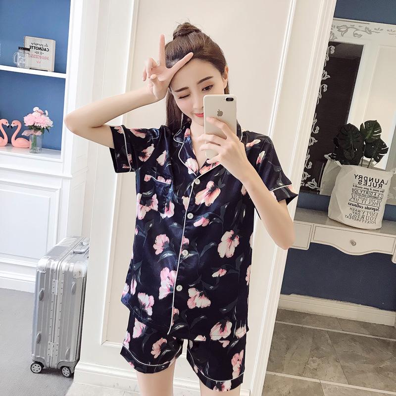 Short Sleeve Silk Pajama Sets Women 