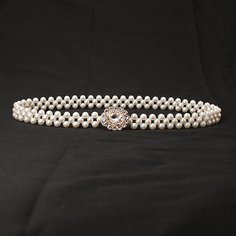 "Women's Fashion Pearl Rhinestone Elastic Waist Belt"