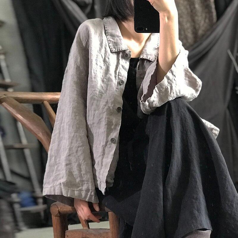 Johnature Linen Vintage Print Turn-down Collar Women Shirts Full Sleeve Spring Loose Retro Casual Loose Tops