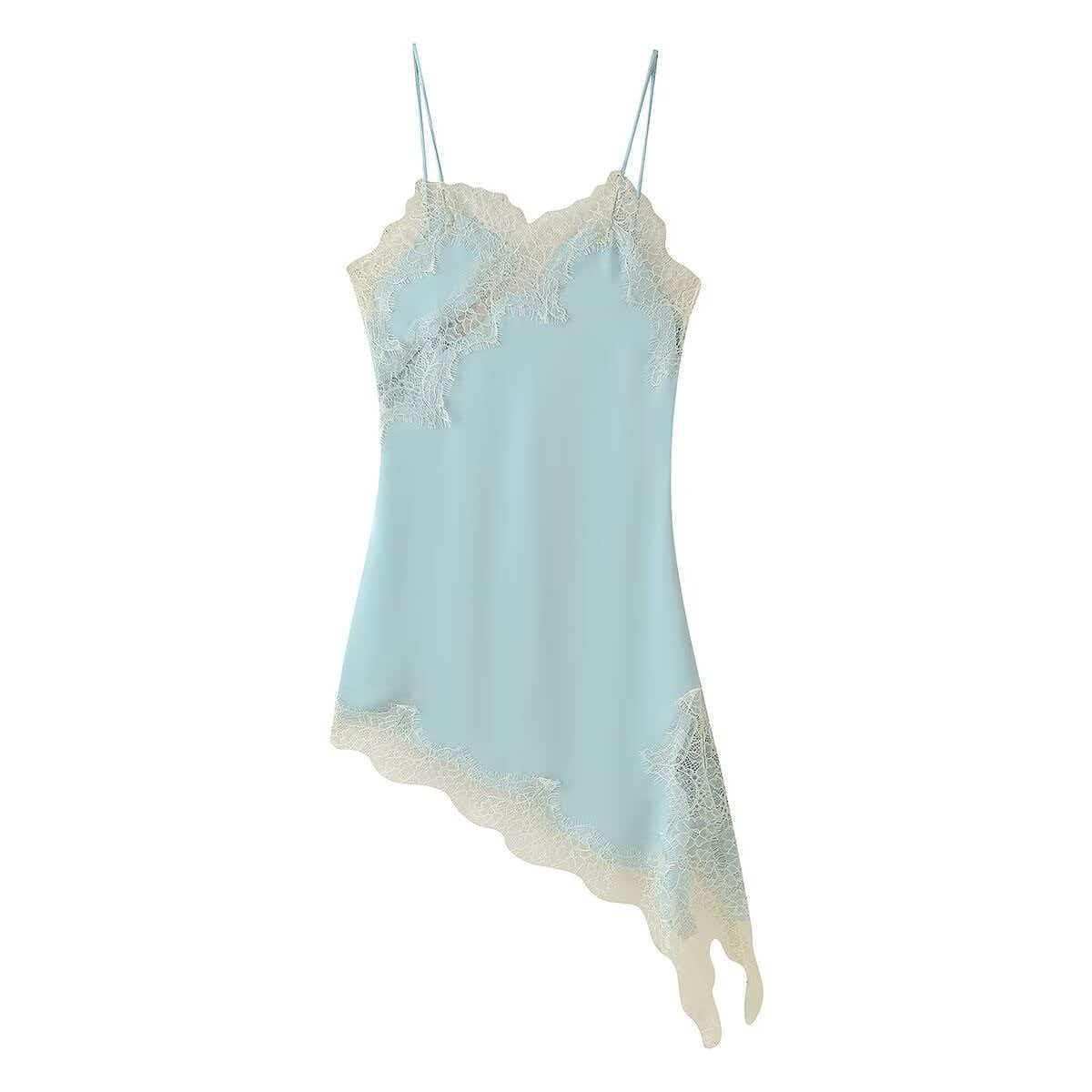 Европейское женское летнее сексуальное кружевное асимметричное платье на бретельках - Хит продаж Large светло-синий