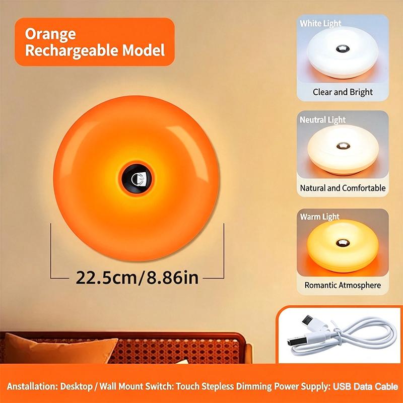 Neue wiederaufladbare Donut-Tischlampe, dimmbar, 3 Farben, Touch-Steuerung, USB-LED-Nachtlicht für Schlafzimmer, Wohnzimmer, Heimdekoration 2000mAh orange