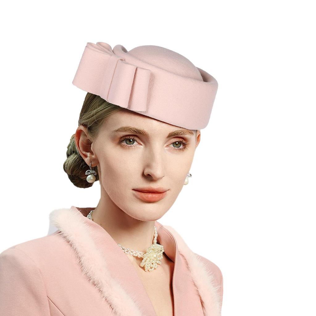 Vintage Wool Pillbox Hat with Bow, Light Pink, Formal Church Wedding Fascinator, Women's Special Occasion Headwear