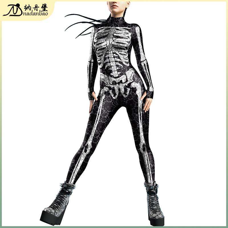 Halloween costume human skeleton digital print tights jumpsuit women's jumpsuit