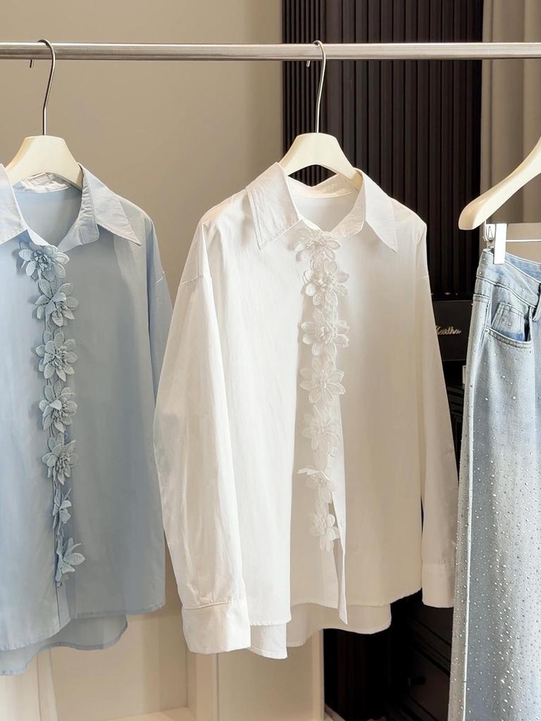 Elegant French 3D Floral Lapel White Shirt for Women - Spring Style, Loose Fit, Long Sleeve, Mid-Length Top