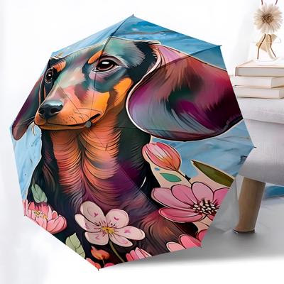 1pc Dachshund Flowers Automatic Folding Umbrella, 8-Rib Durable Iron Frame, Compact Travel Umbrella for Women & Men 092