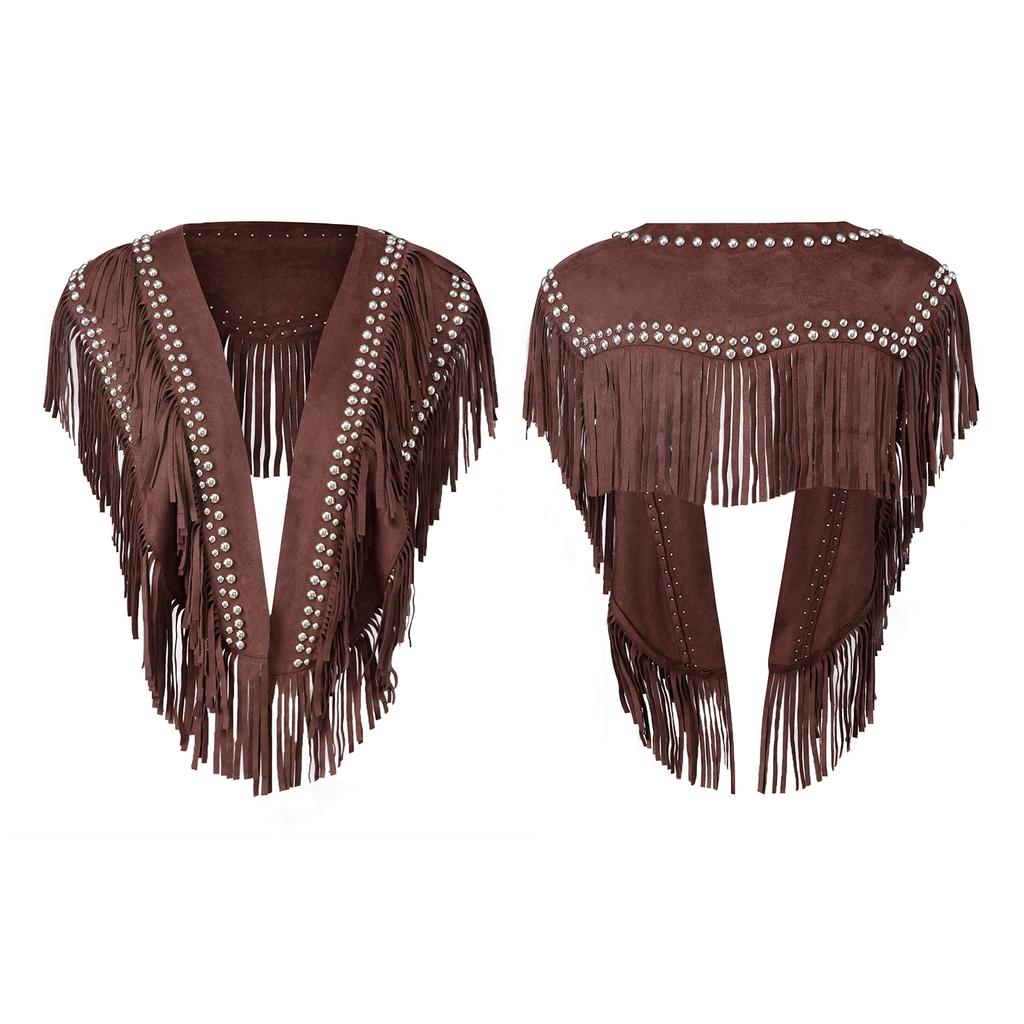 Women's Studded Suede Vest 70s Hippie Outfit Sleeveless Open Front Tassel Vest Collar