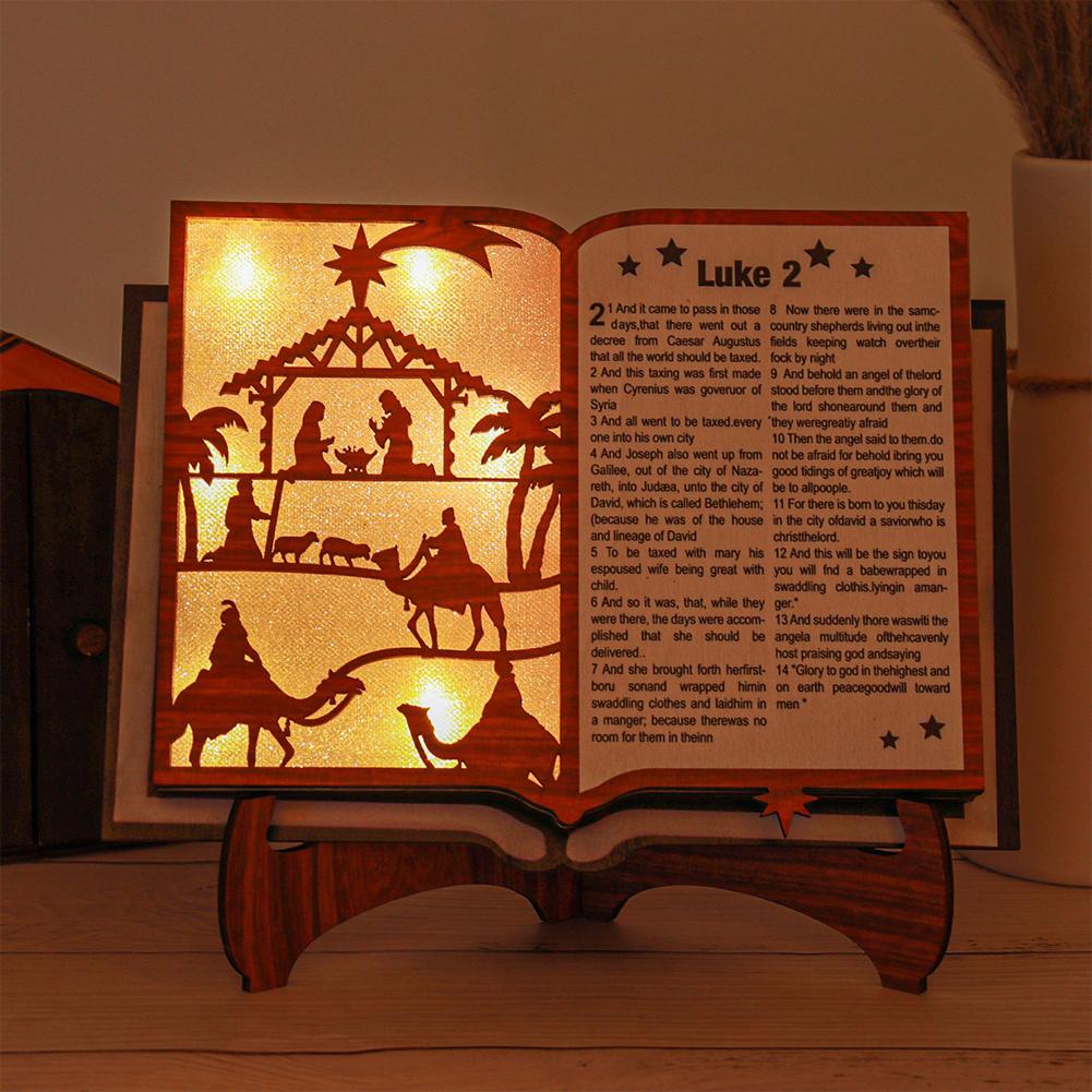 Nativity Scene Figurine Wood Stand Book Bible With LED Light Wooden Xmas Creative Art Craft Christmas Atmosphere Decoration