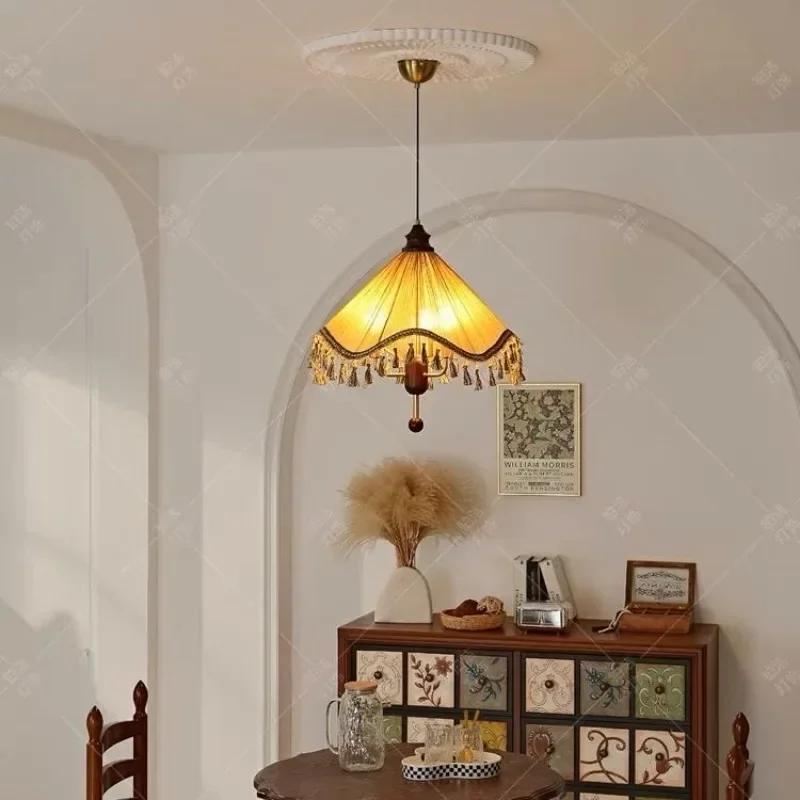 Retro Fabric Pendant Light Tassel Ceiling Chandelier Led Hanging Lamp for Bedroom Living Room Dining Table Decor