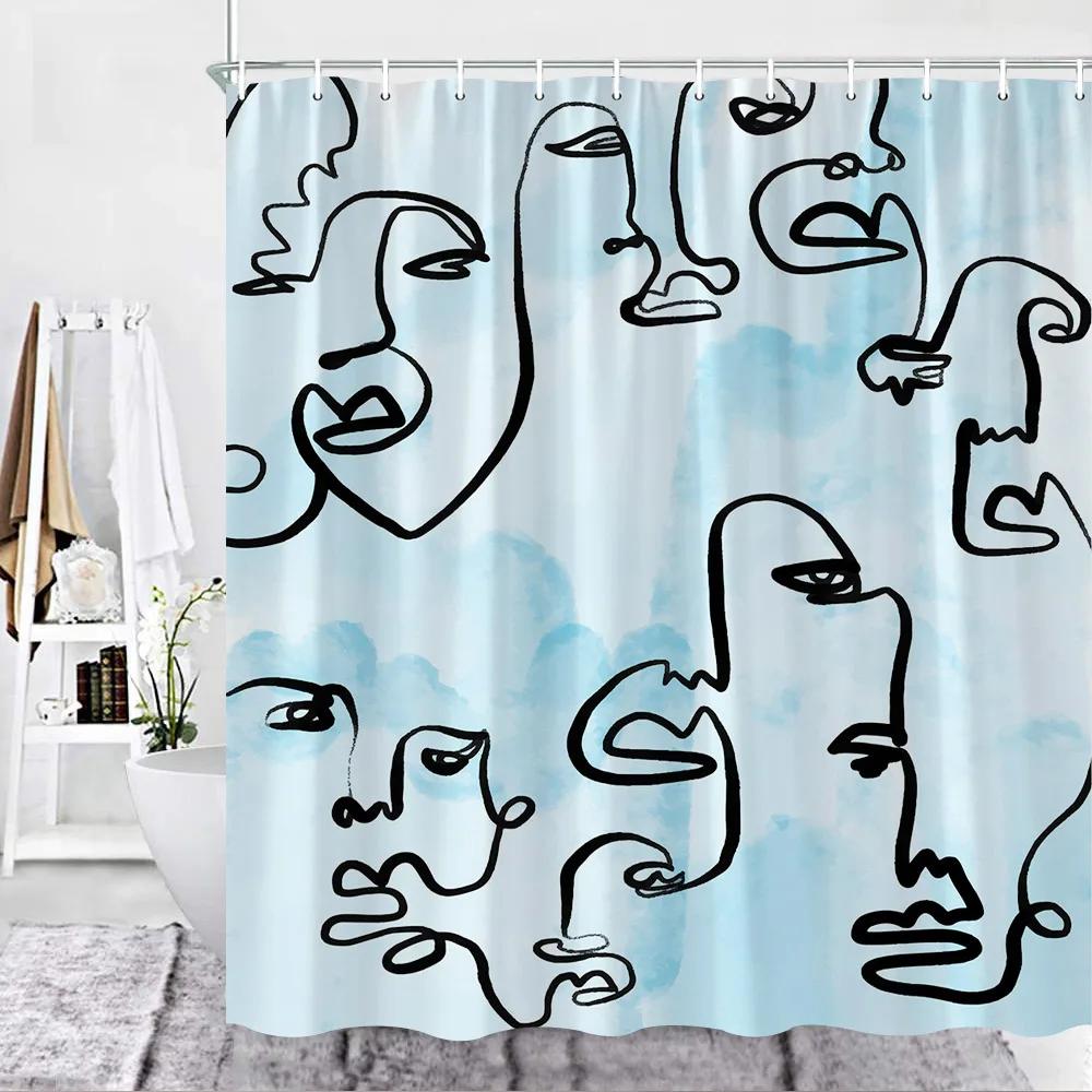 Abstract Face Shower Curtain Hooks Geometric Lines Face Simple Art Fabric Bathroom Decor Fabric Curtains Polyester Washable