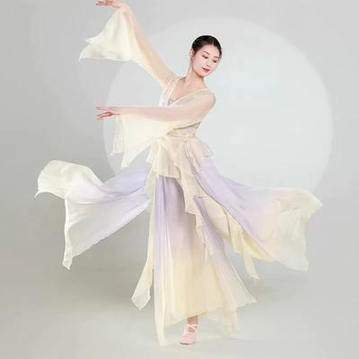 Damen chinesischer Stil Farbverlauf Tanzkleid, Fließendes Chiffon Langarm Performance Kostüm