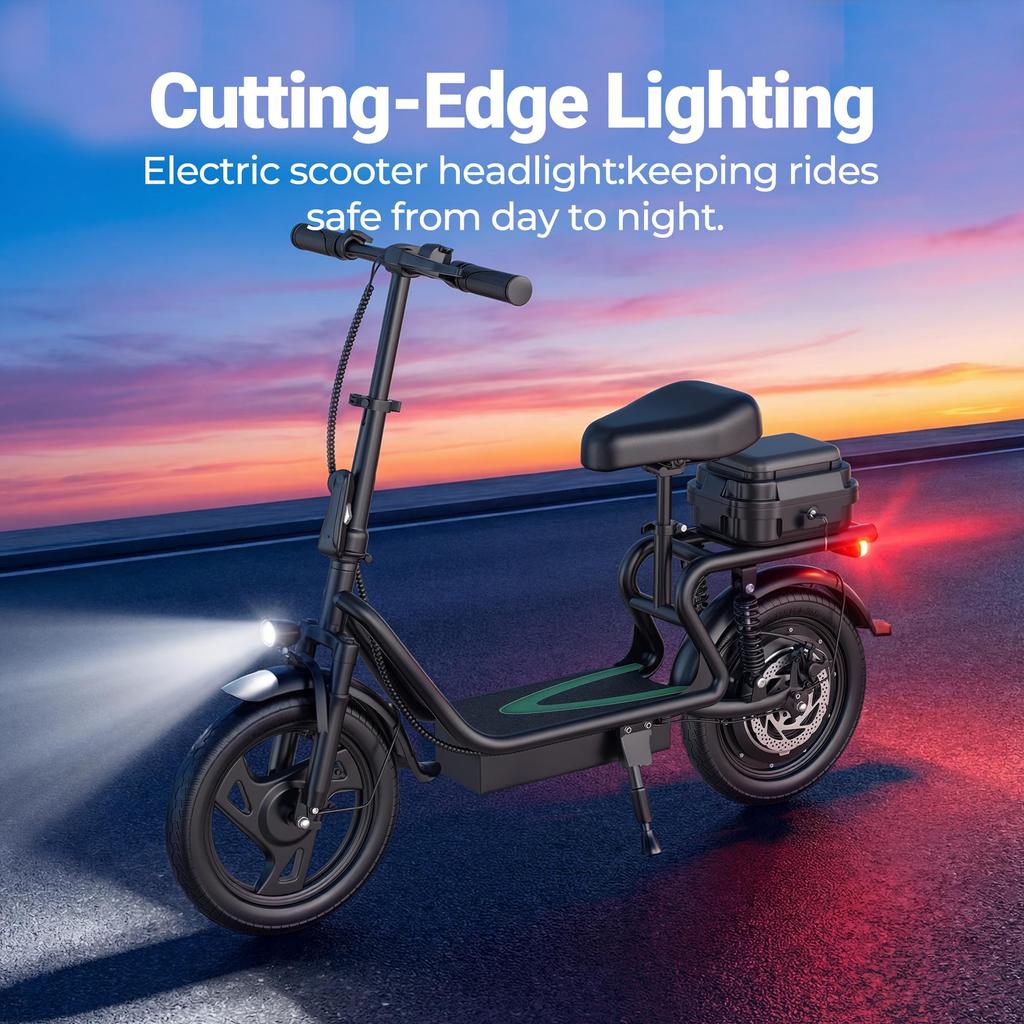 AOVOPRO ESBSXLX Dual Suspension 500W 14 Inch Commuter Electric Scooter 10.4Ah with Seat & Carry Box for Adult-Up To 27 Miles