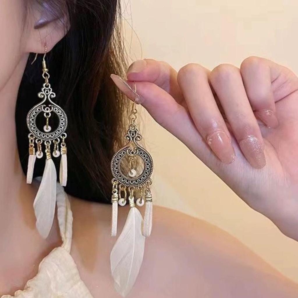 Retro Ethnic Feather Tassel Earrings - S925 Silver Needle