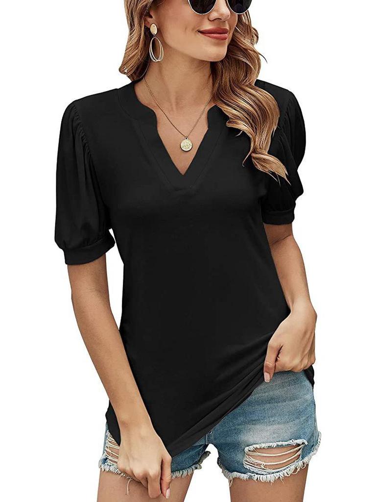Damen Sommer V-Ausschnitt Puffärmel Lockeres T-Shirt - Einfarbig, Casual-Stil