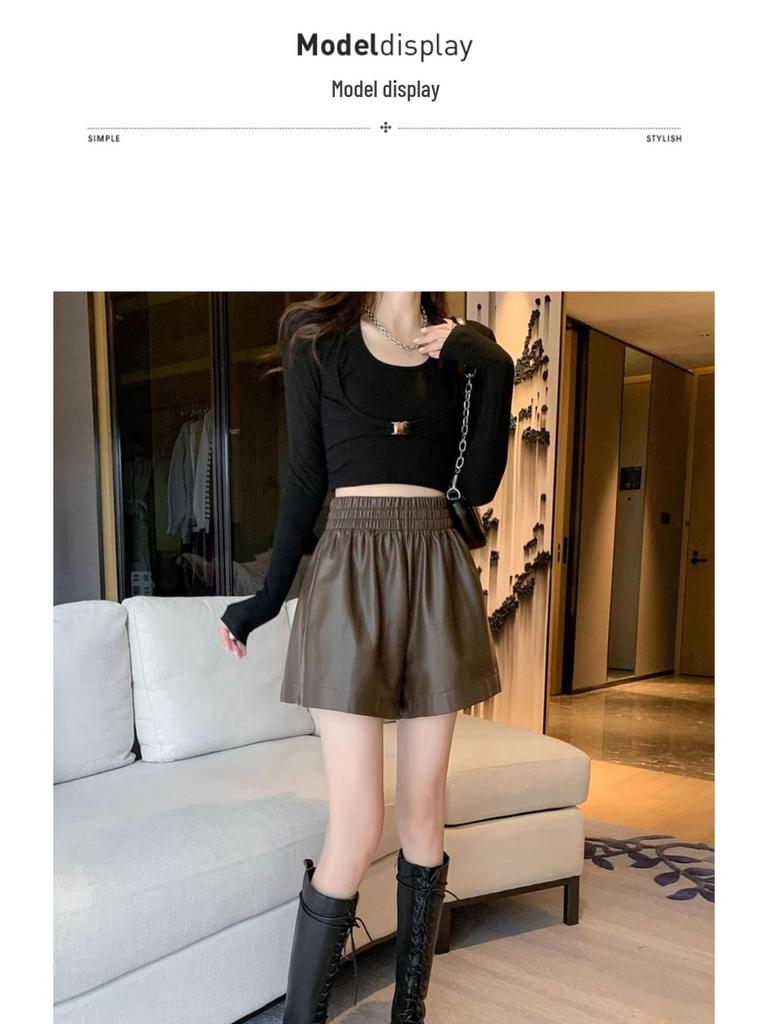 Women's High-Waisted Leather Shorts - Autumn/Winter Plus Size Wide-Leg Slimming Outerwear 2026