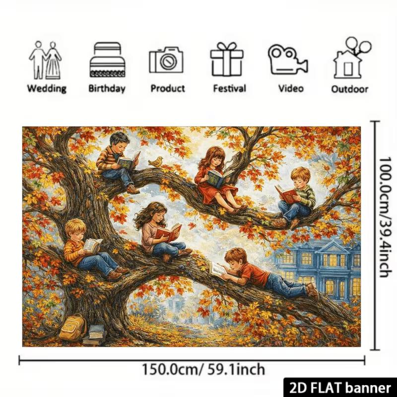 2D Herbst Kinder Lesebaum Wandteppich, Kinder lesen unter Herbst-Ahornbaum
