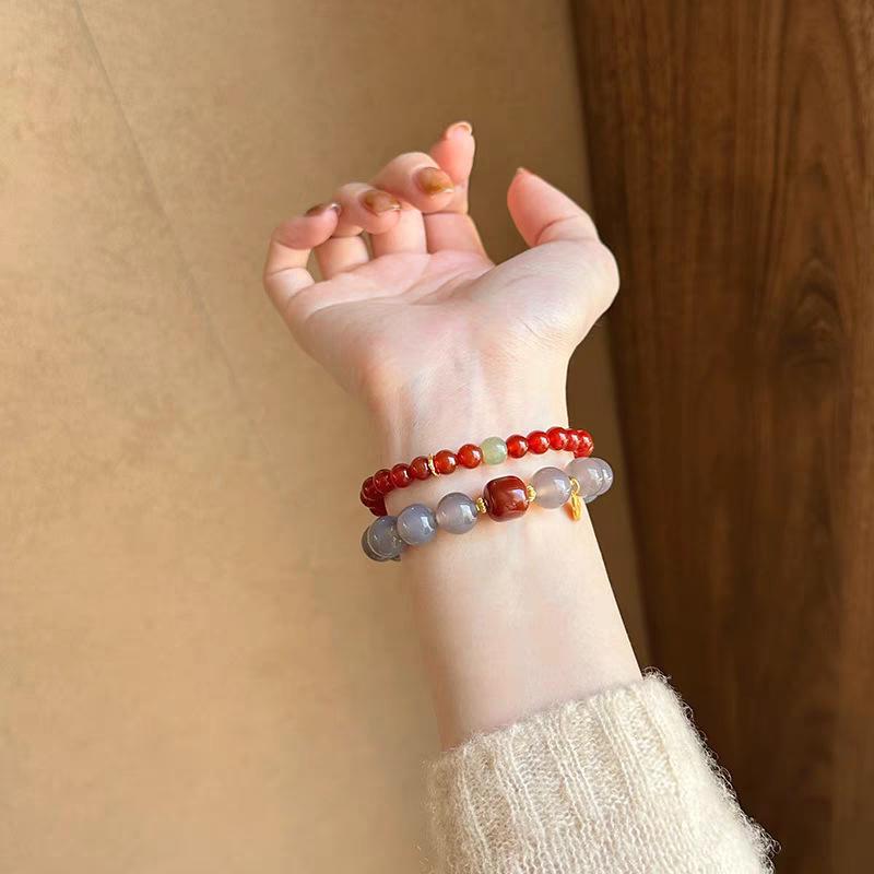 New Chinese Style Natural Ash Red Agate Beaded Bracelet - Cool National Cultural Round Beads