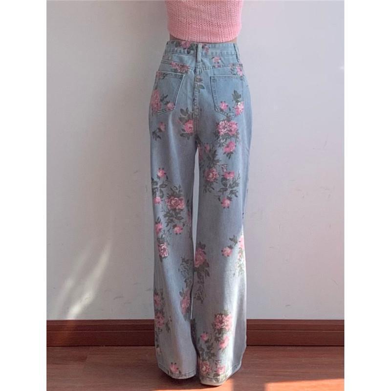 Flower Jeans Woman High-Waist Loose-Fit Pants Personality Printed Denim Harem Pants Women's Jeans