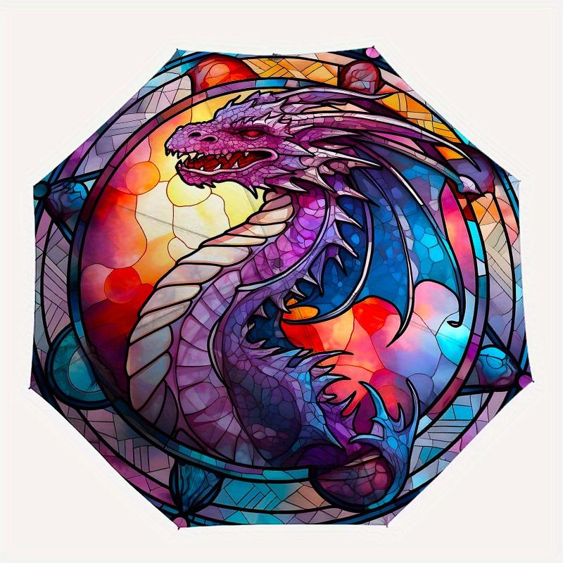 Stained Dragon Window Panel - Vibrant Fantasy DesignUmbrella, Portable 3-Fold Compact Umbrella,Christmas Gift ES511