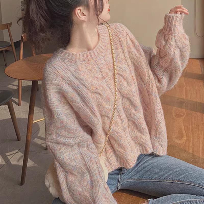2025 New Women's Pink Loose Cable Knit Sweater - Cozy Autumn/Winter Style