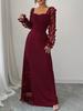 Elegante Abito Maxi Floreale a Rete Patchwork, Scollo Quadrato, Manica Lunga, Vita Alta, per Donna