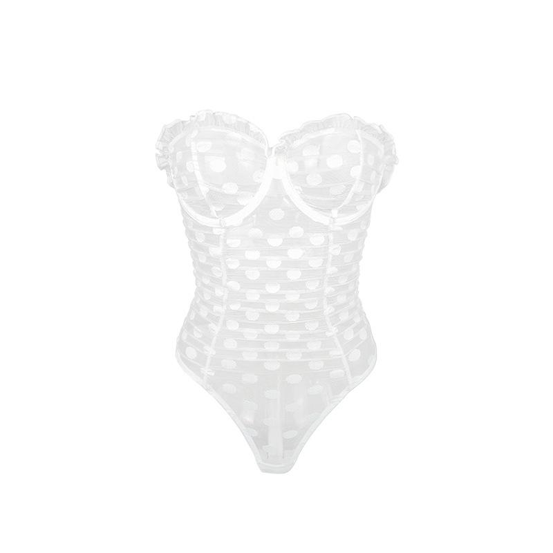 

Xiyin s new ruffle edge underwear women s perspective mesh yarn with steel ring gathering slim onesie L [with steel ring and no breast pad] білий
