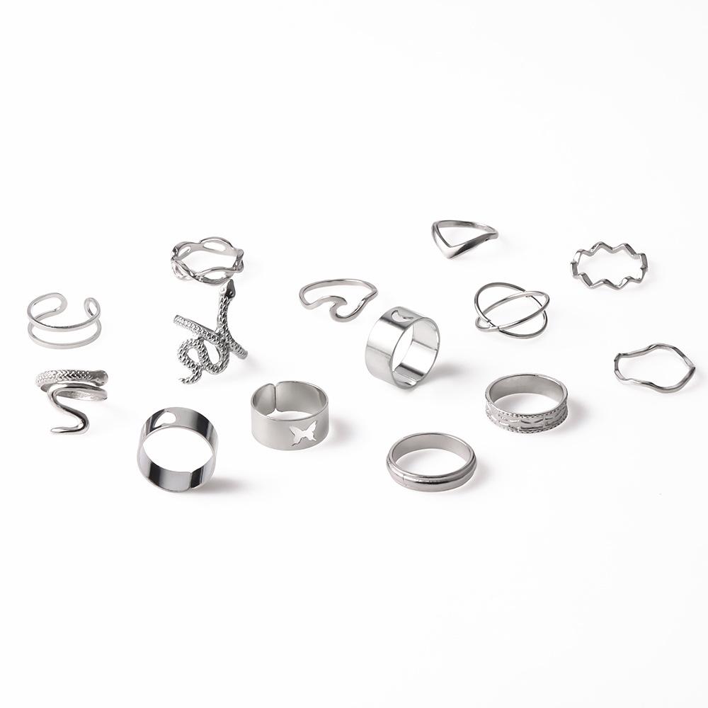 Butterfly Ring Fashion Personality Animal Snake Hollow Love Moon Cross 14-Piece Ring Female
