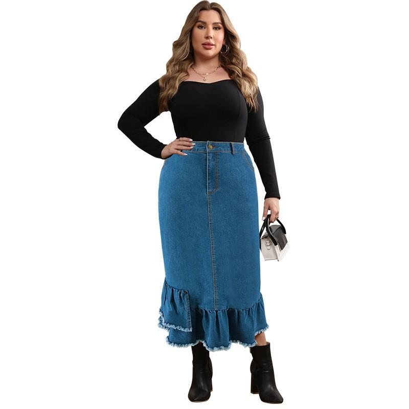 Plus Size Denim Skirt Women Long Flowy Fringe Hem Midi Maxi Streetwear Casual Outfit 1XL синий
