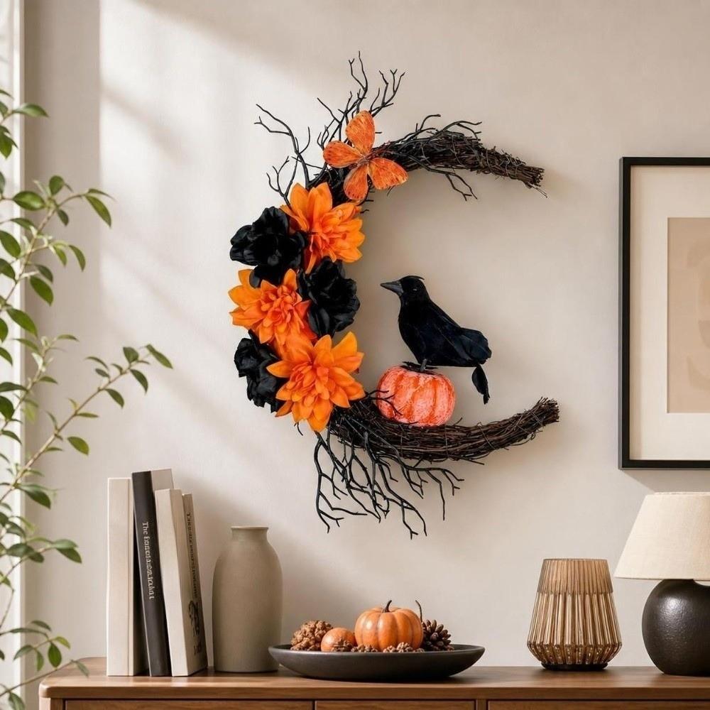 Plastic Halloween Wreath Gothic Style Artificial Flower Garland Cat Crow Wreath Front Door Decor