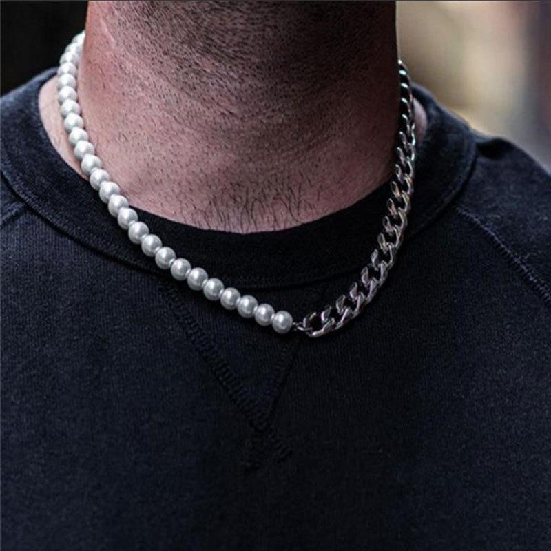 

Men s Titanium Steel Faux Pearl Spliced Necklace - Non-Fading Stainless Steel Jewelry