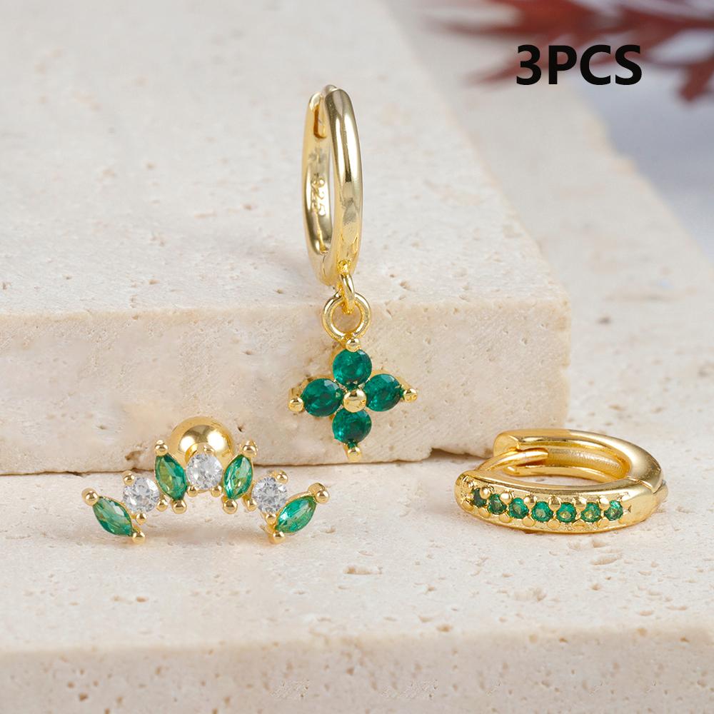 3PCS Green Zircon Flower Hoop Earrings Women Tiny Stainless Steel Round Circle Cartilage Piercing Earring Fashion Jewelry Sets