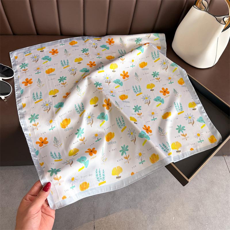 Korean Style Printed Silk Like Square Scarf For Women Sun Protection