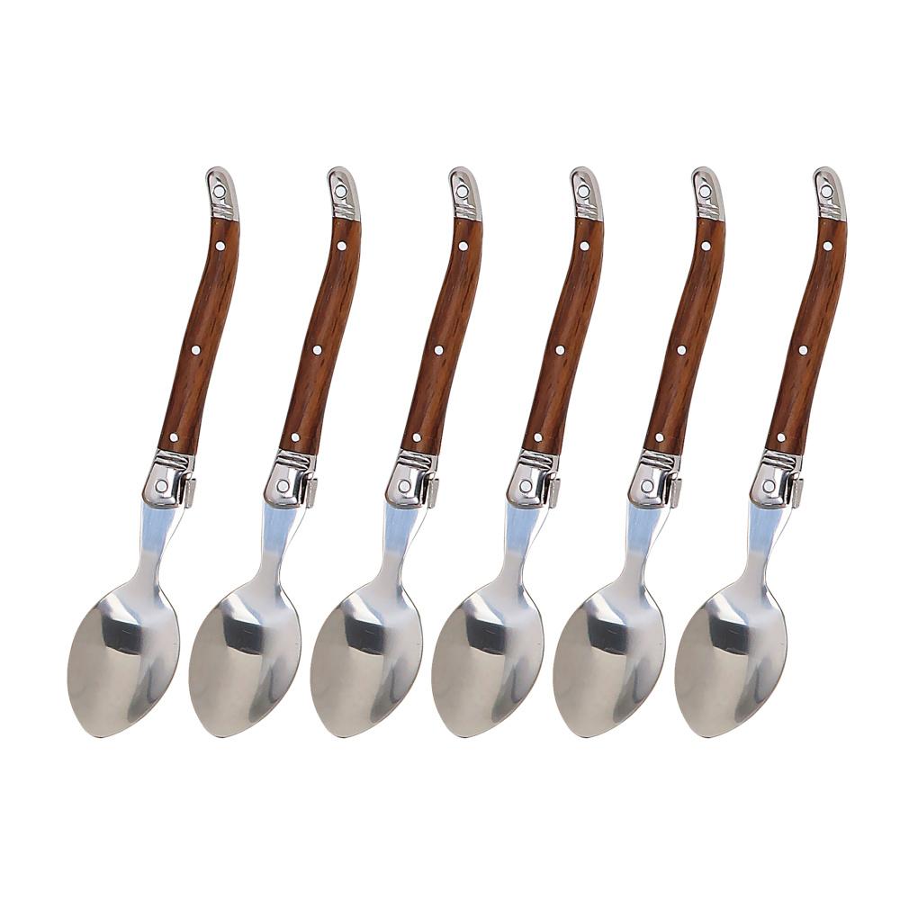 Набор столовых приборов из нержавеющей стали, 6 шт., набор стейковых ножей, набор вилок для салата, набор десертных ложек, набор чайных ложек, западная посуда с деревянной ручкой