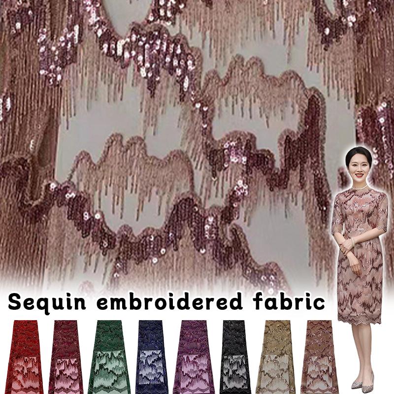 1 Yard Luxury Sequin African Lace Fabric High Quality French Nigerian Sequins Embroidery Beads Tulle Mesh Fabric Wedding Dress