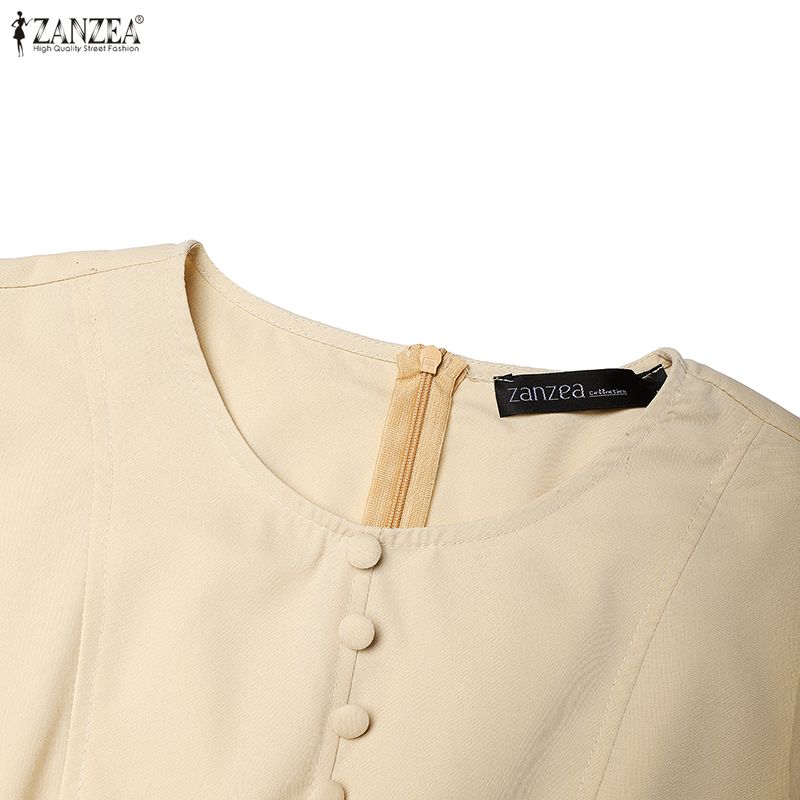 ZANZEA Women Casual Round Neck Solid Color Elegant Short Sleeve Dress