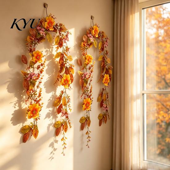 Realistic Silk Flowers for Home Halloween Willow Vine Twig Garland, Yellow Artificial Branch Decor Fireplace Mantle Decorative Wall, Flexible