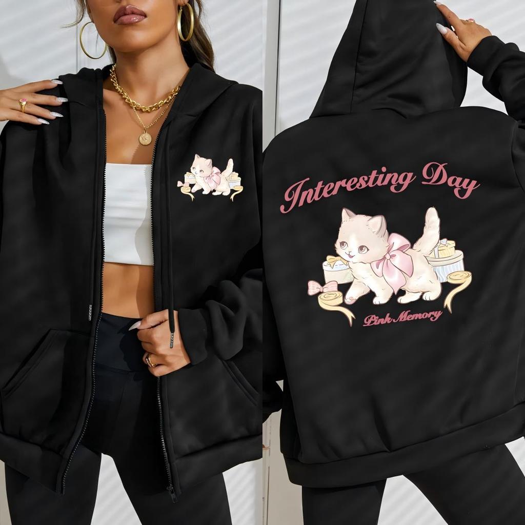 Elegant Little Cat Interesting Day Print Zipper Hoodies Woman Fashion Comfortable Hoodie Fleece Clothes Street Top