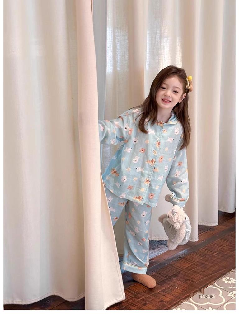 Girls' Spring/Autumn Cartoon Pajama Set – Cute Long Sleeve & Pants for Indoors/Outdoors